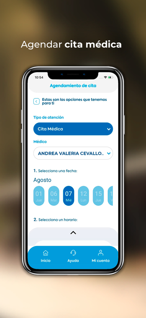Mi Humana - Interface for scheduling a medical appointment in the Mi Humana app showing doctor and date selection.