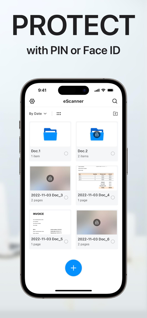 Interface of the PDF Scanner app showing document protection with PIN or Face ID security features.