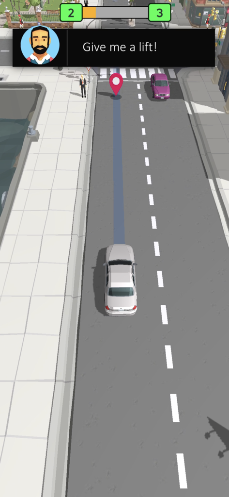 Pick Me Up 3D: Taxi Game - Un coche de taxi blanco conduciendo por una calle de la ciudad en Pick Me Up 3D con un pasajero solicitando un viaje