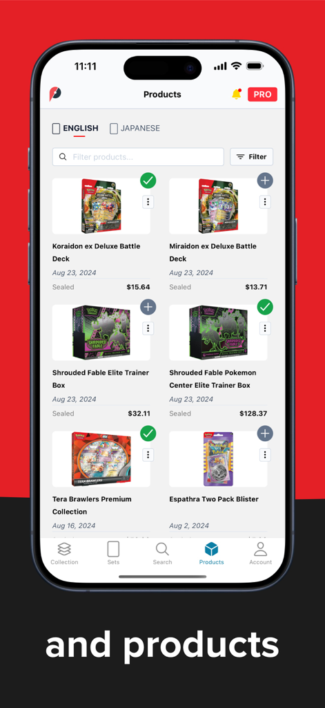 pokedata.io - Mobile app screen showing market prices for sealed Pokemon trading card products