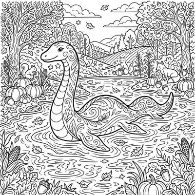 Embark on a mythical journey with our enchanting Loch Ness Monster coloring page, set in a picturesque autumn landscape. Discover Nessie gracefully gliding through waters adorned with falling leaves, surrounded by charming harvest elements and woodland creatures.