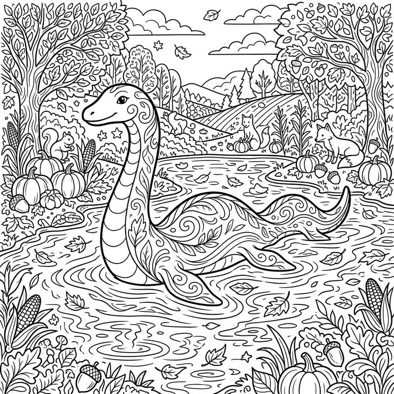 Embark on a mythical journey with our enchanting Loch Ness Monster coloring page, set in a picturesque autumn landscape. Discover Nessie gracefully gliding through waters adorned with falling leaves, surrounded by charming harvest elements and woodland creatures.