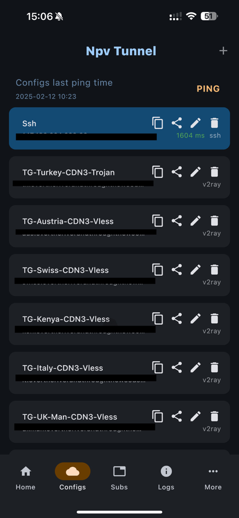 Npv Tunnel mobile app configuration screen showing various VPN protocols like SSH and V2ray