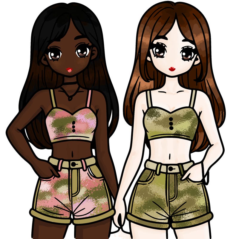 two sisters with crop tops and jean shorts and straight hair