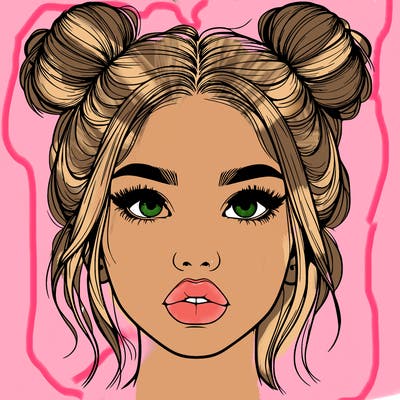 realistic girl with two buns on her hair and lips