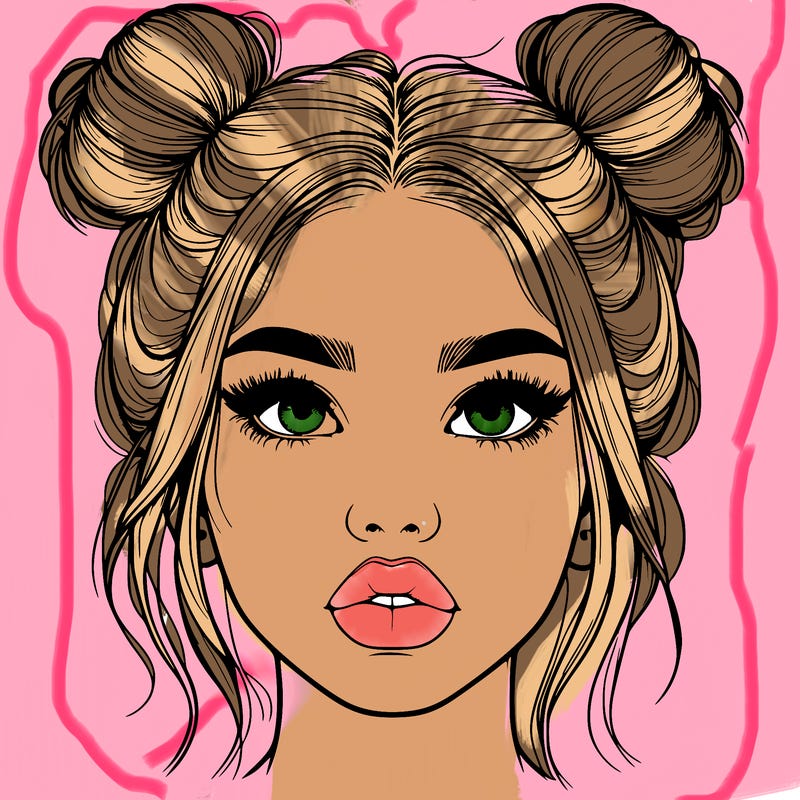 realistic girl with two buns on her hair and lips