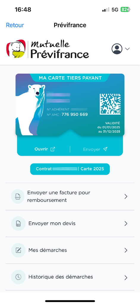 Prévifrance - Previfrance mobile app dashboard showing a digital health insurance card and menu options for reimbursements and quotes.