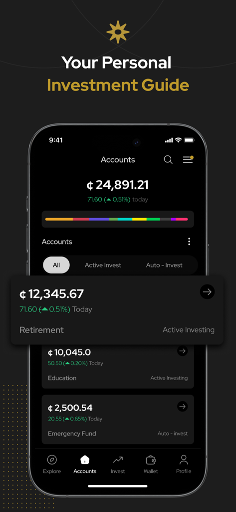 Black Star - A better way. - Black Star app interface showing a personal investment guide with account balances for retirement and emergency funds on a dark background