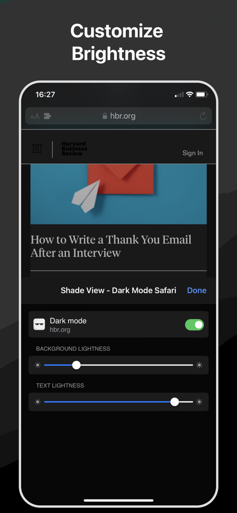 ShadeView Safari-Erweiterungsoberfläche mit Schiebereglern zur Anpassung der Hintergrund- und Texthelligkeit für den Dunkelmodus auf einer mobilen Website