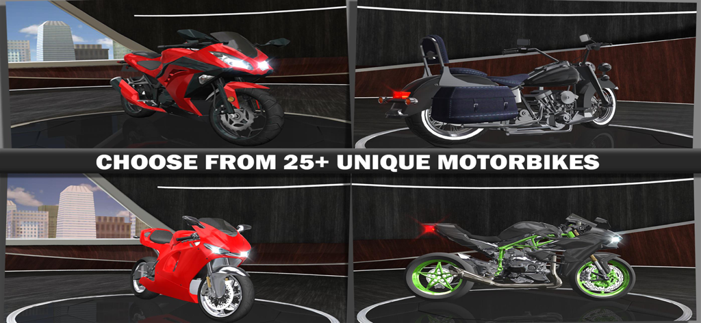 Motor Racing Mania - A showcase of different motorbikes available for selection in the Motor Racing Mania game