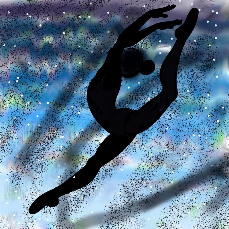 gymnast doing a leap in a leotard with a bent back leg