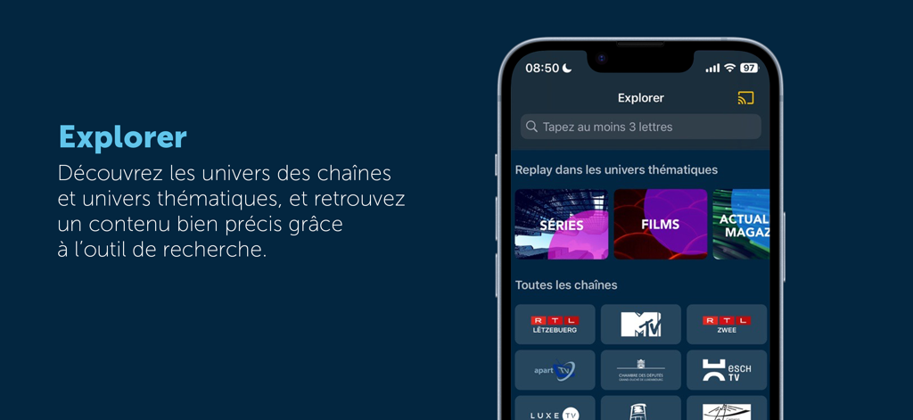 POP TV Go - Interface of the POP TV Go app showing the explorer section with a search bar, replay categories for series and films, and various channel logos.