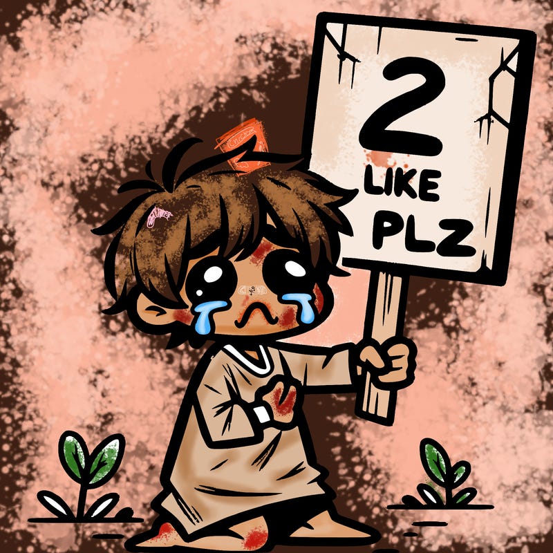 small poor toddler crying with sign that says 2 like plz