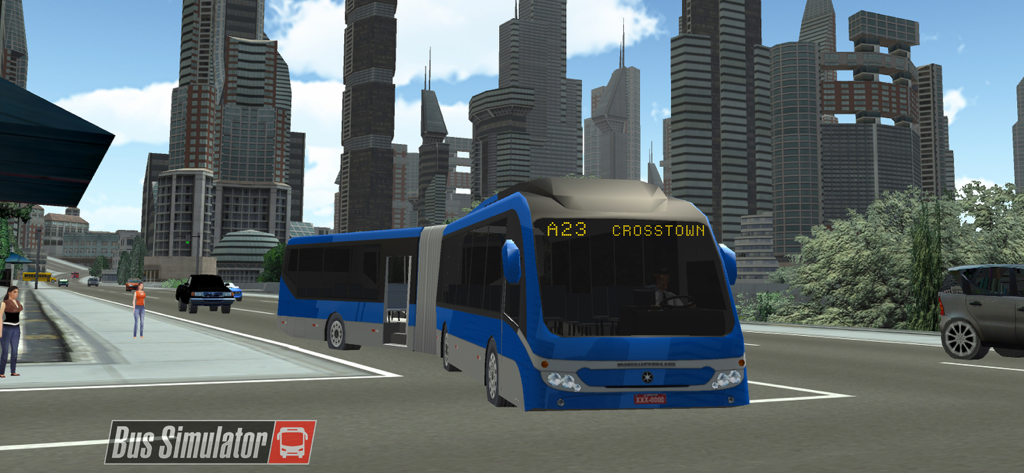 BUSTOP Bus Simulator 2026 - A blue articulated bus driving through a modern city with skyscrapers in BUSTOP Bus Simulator 2026.