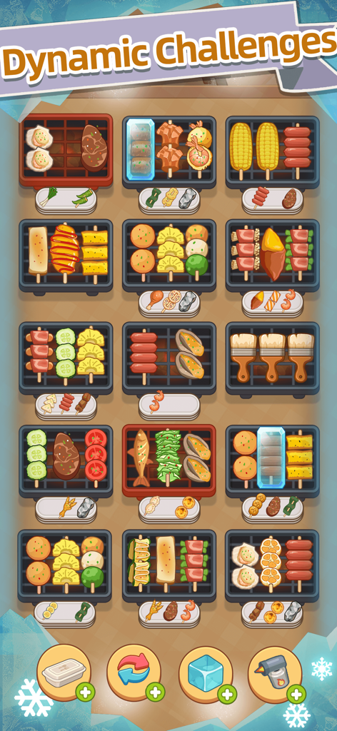 Skewer Time - Gameplay screenshot of Skewer Time showing multiple grills with various meat and vegetable skewers to sort and match
