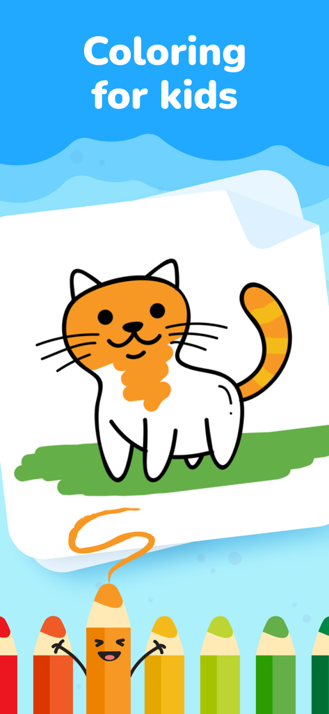 Digital coloring page for children featuring a cartoon cat and colorful pencils