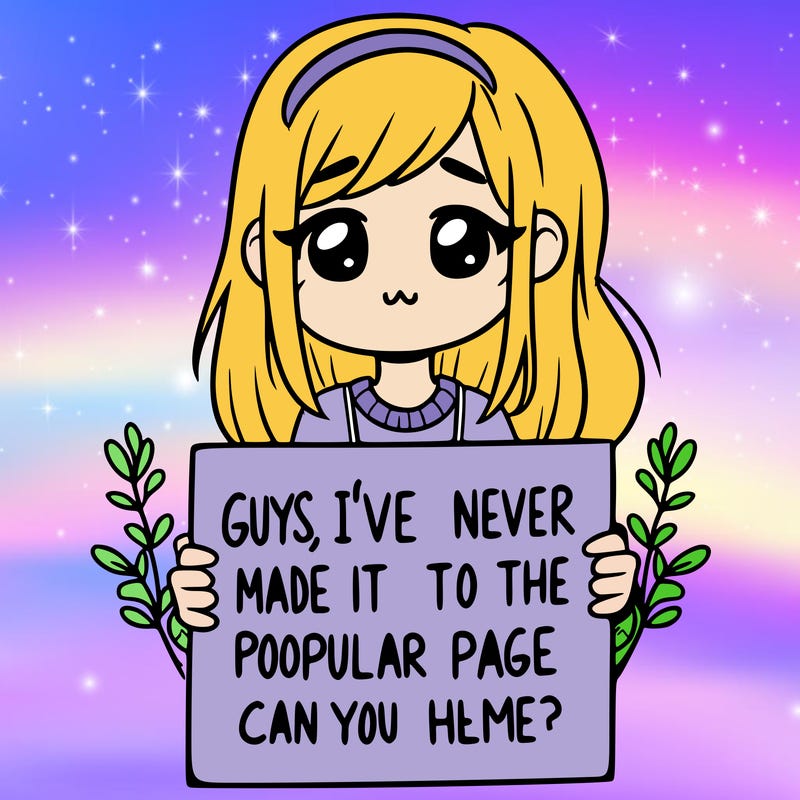 a girl holding up a sign that says, guys, i’ve never made it to the popular page, can you help me?