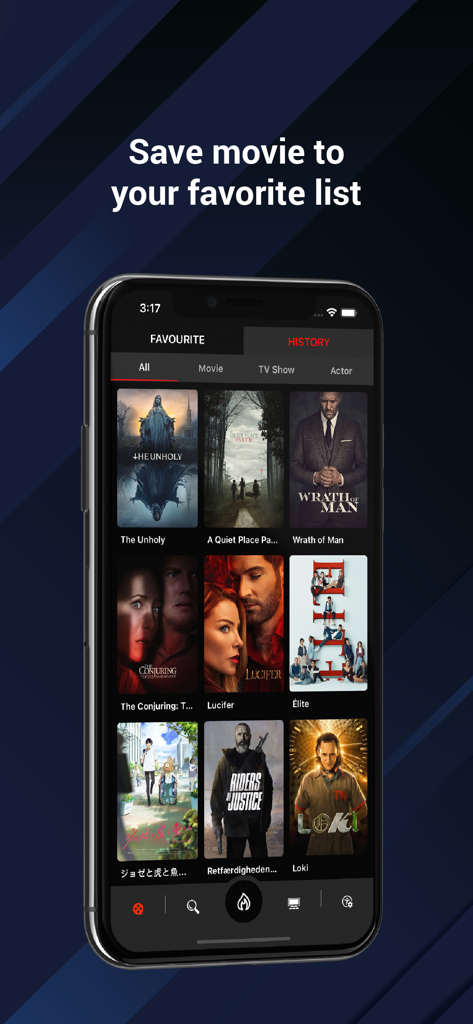 Soap.2Days - Interface de l'application Soap.2Days montrant une liste personnalisée de films et de séries TV préférés enregistrés
