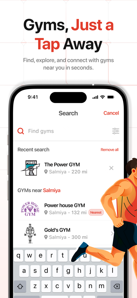STAX mobile app interface showing search results for gyms near a specific location