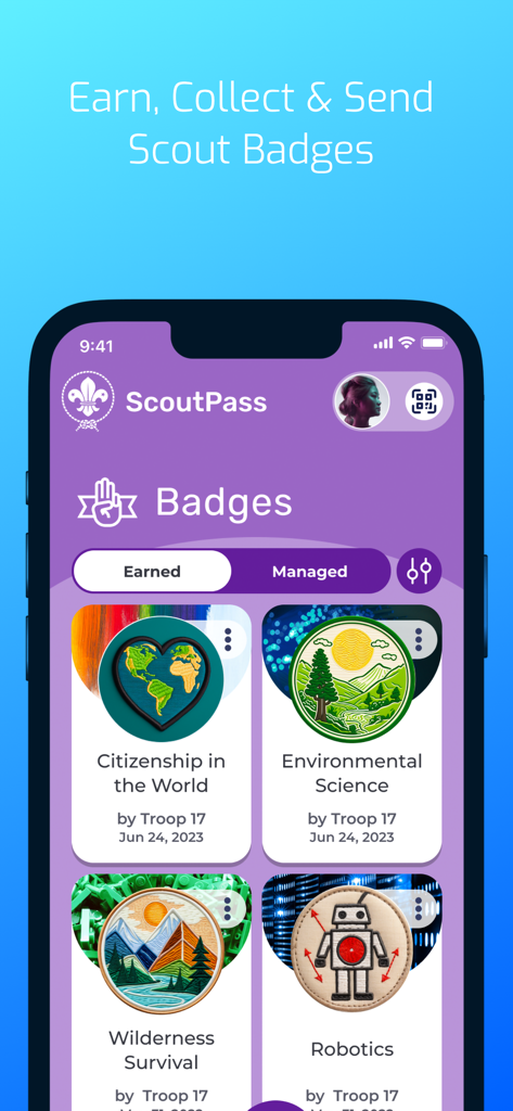 ScoutPass - ScoutPass app interface showing earned digital badges for Environmental Science and Robotics