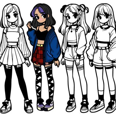 one girl with crop-top shirt and a jacket with a skirt, long socks and another girl with a shirt and pants with a jacket