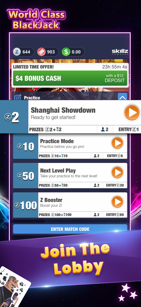 Poker Slots BlackJack 21 - Pantalla de sala de espera de la app Poker Slots BlackJack 21 mostrando varios modos de torneo y práctica.