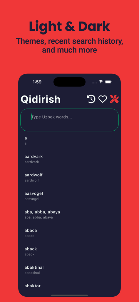 Uzbek Dictionary app search screen in dark mode showing a list of English vocabulary words