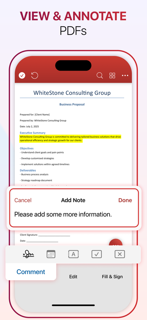 Interface do aplicativo móvel MobiPDF mostrando como visualizar e anotar uma proposta de negócios com destaques e notas.