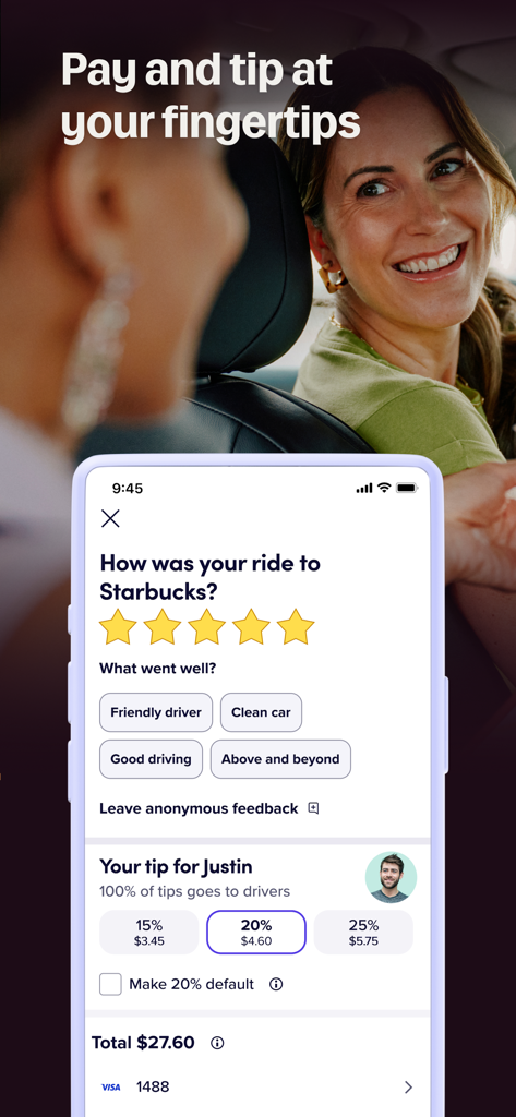 Lyft app interface showing ride rating stars and tipping options for a driver named Justin.