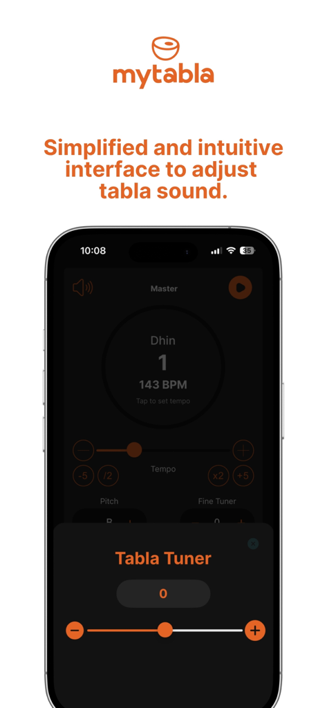 MyTabla app interface showing tabla tuner and tempo adjustment controls.