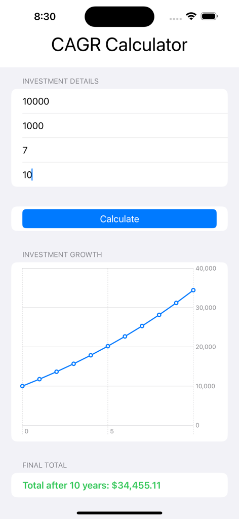 L'interfaccia dell'app CAGR Calculator che mostra i dettagli dell'investimento, un grafico a linea che mostra la crescita in dieci anni e un calcolo totale finale