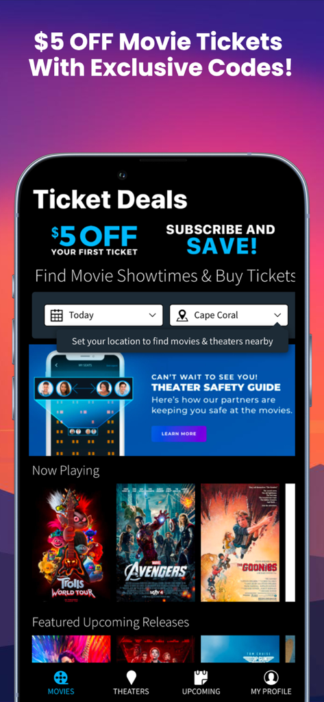 Movie Deals+ Discount App - Interface do aplicativo Movie Deals+ mostrando cinco dólares de desconto em ingressos de cinema e horários de exibição em cinemas locais