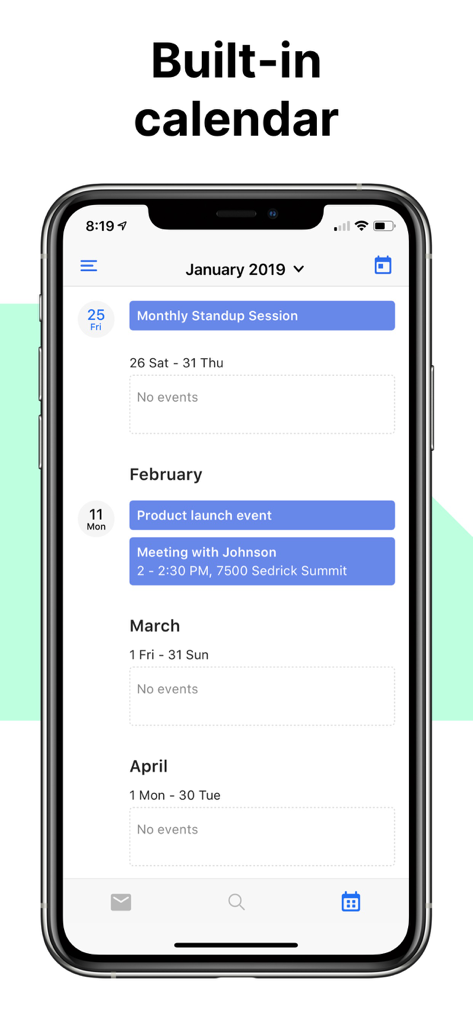 Titan Email mobile app interface displaying the integrated calendar with scheduled business meetings.
