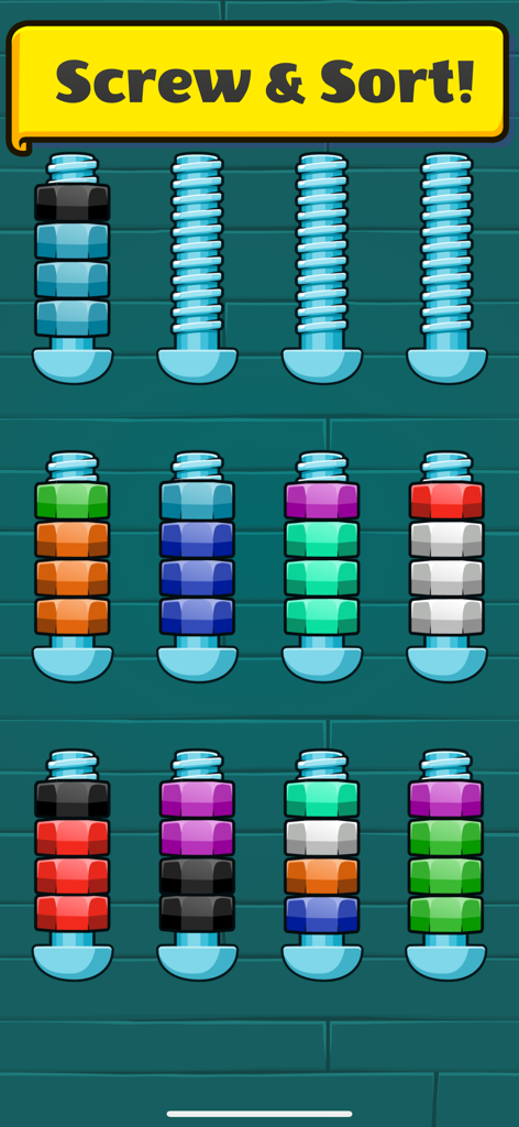 Gameplay screenshot of the Garage Master color sorting puzzle with colorful nuts on metal bolts