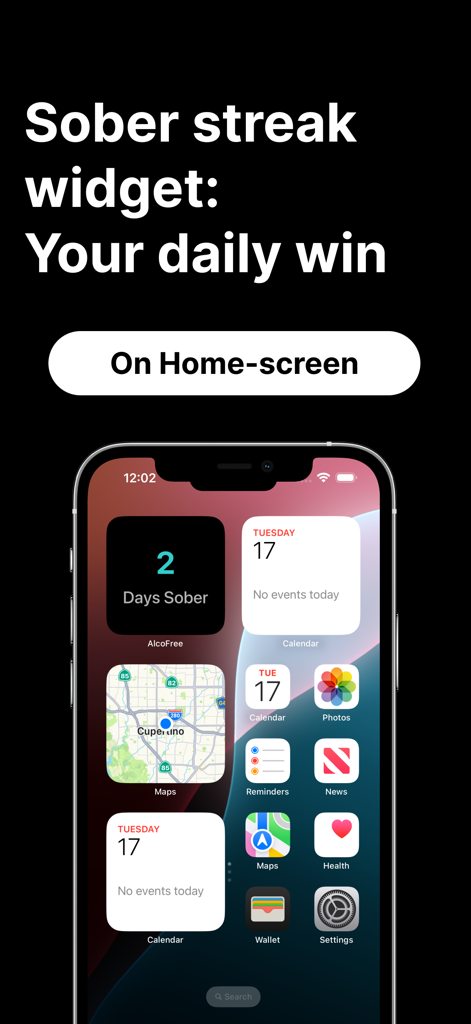 AlcoFree: Quit Alcohol Tracker - iPhone home screen showing the AlcoFree sobriety streak widget displaying two days sober