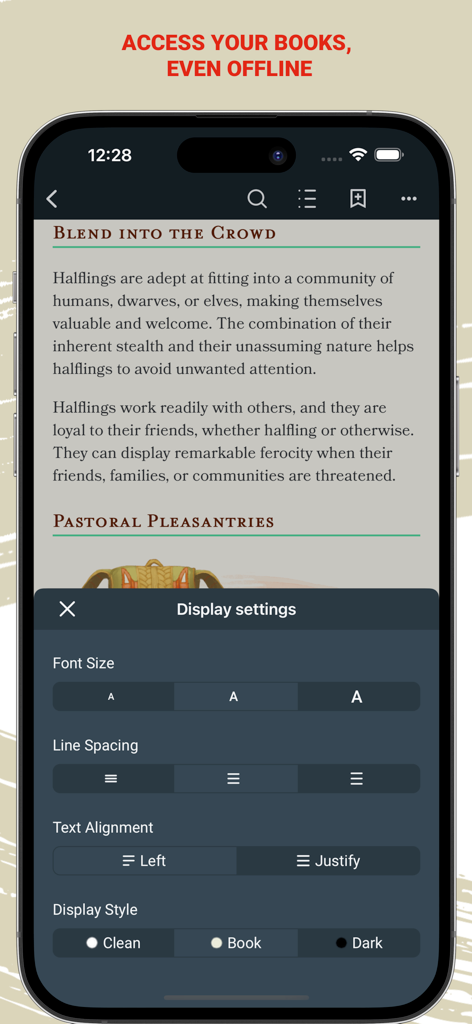 D&D Beyond mobile app showing digital book reader with display customization settings.