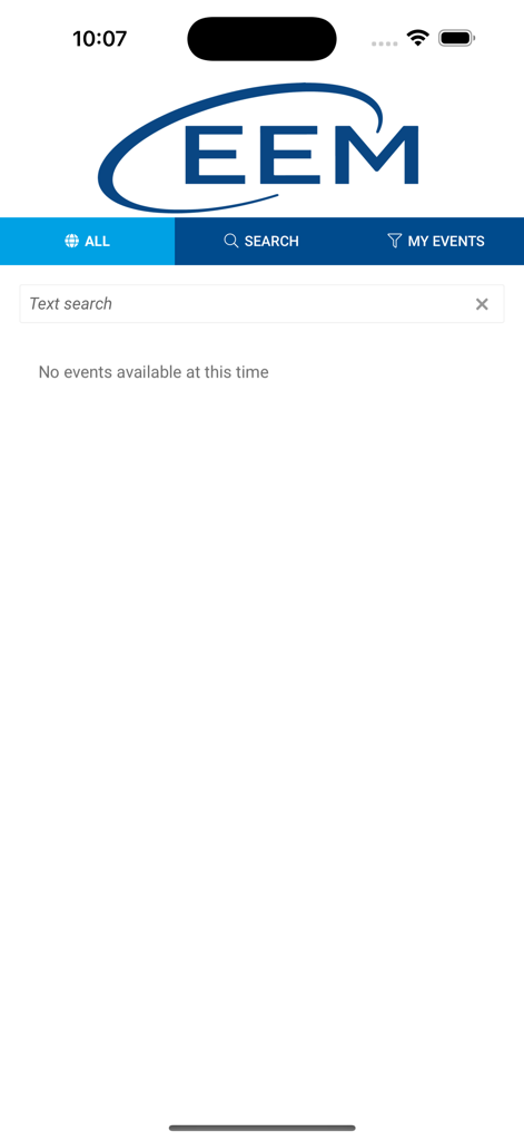 EEM Events - The search interface of the EEM Events mobile app showing event tabs and a text search field.