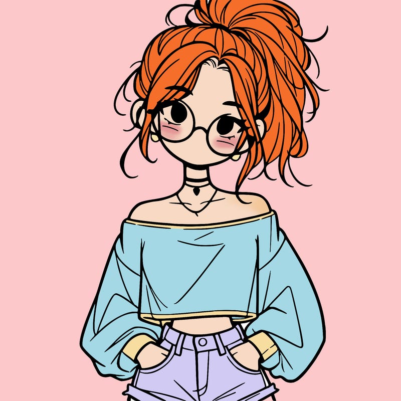 girl with a messy ponytail glasses a baggy crop top and jean shorts