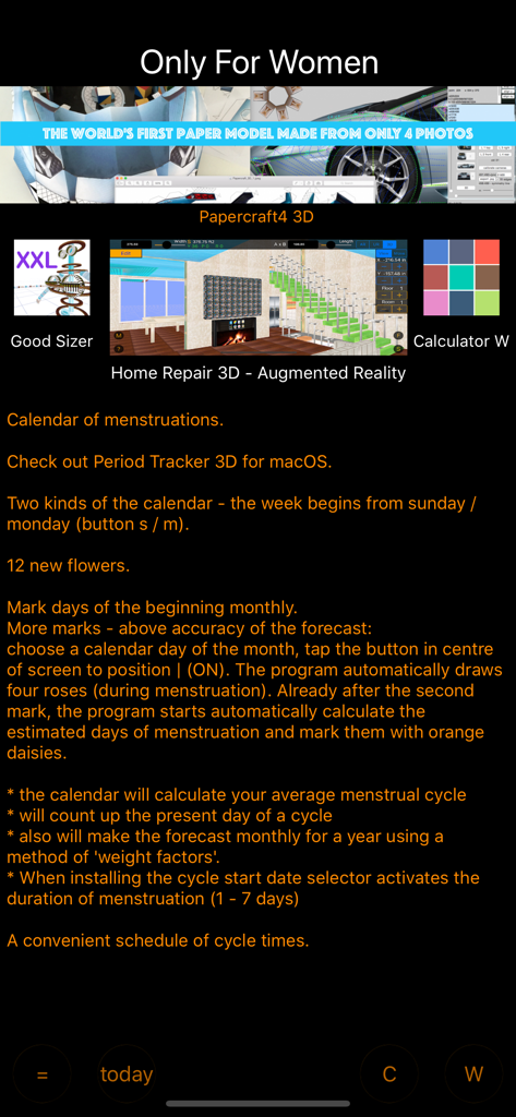 Only For Women - Calendar W - Pantalla de la aplicación Solo para Mujeres que muestra la descripción de las funciones del calendario de menstruación e íconos de aplicaciones de promoción cruzada