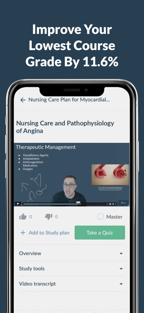NURSING.com | NCLEX & Nursing - Smartphone-Bildschirm zeigt eine NURSING.com-Videolektion über die Pathophysiologie von Angina mit Lerntools und Quizoptionen