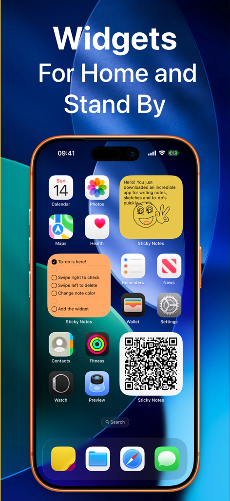 Sticky Note Widget. Stickies - Pantalla de inicio de iPhone que muestra widgets de notas adhesivas, listas de tareas y códigos QR