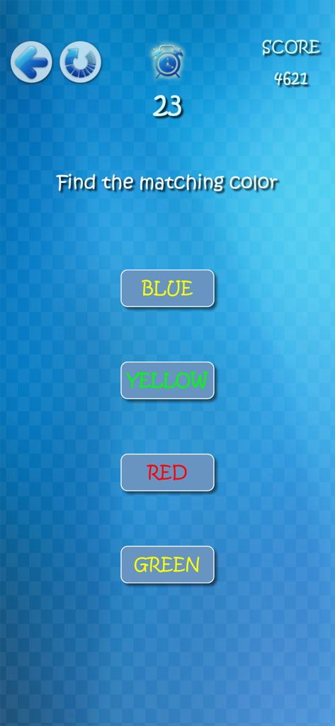 Jugabilidad de la aplicación Brain Trainer que muestra un ejercicio de combinación de colores basado en el efecto Stroop.