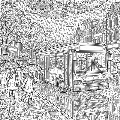 Capture the charming ambiance of a city on a rainy day with this intricate bus coloring page designed for adults. Featuring detailed reflections, pedestrians with umbrellas, and a busy street, it offers a delightful challenge for experienced colorists.