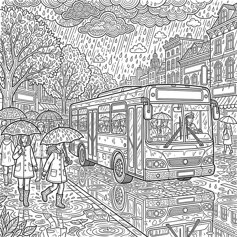 Capture the charming ambiance of a city on a rainy day with this intricate bus coloring page designed for adults. Featuring detailed reflections, pedestrians with umbrellas, and a busy street, it offers a delightful challenge for experienced colorists.