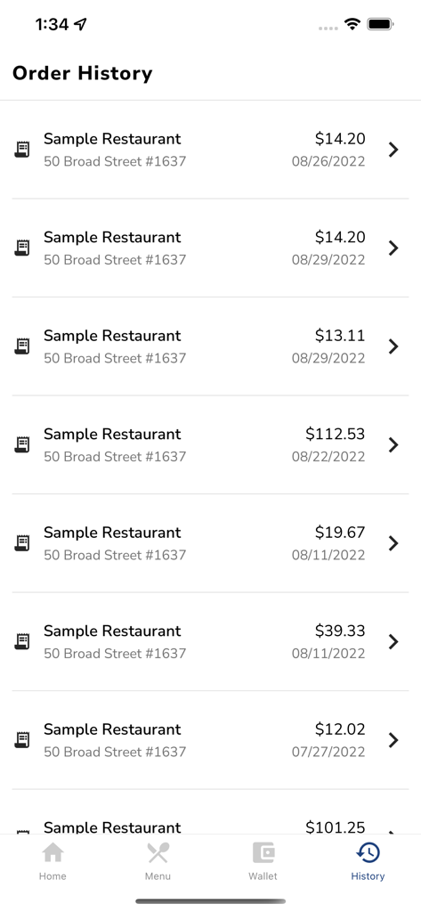 EzApp+ - EzApp order history screen showing a list of past restaurant orders with dates and total amounts