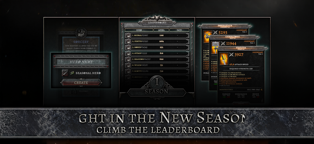 AnimA ARPG (Action RPG) - Anima ARPGのキャラクター作成、シーズンリーダーボード、伝説級アイテムを表示するUI