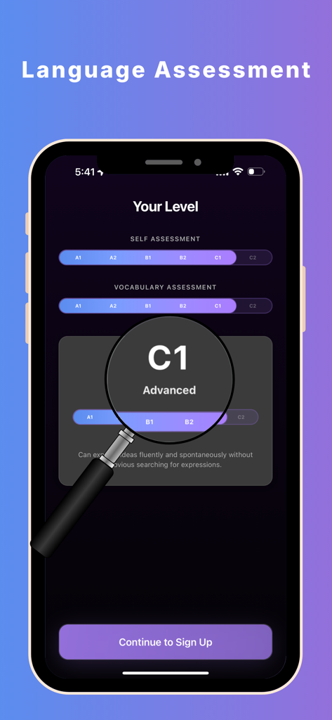 Nuva - English Tutor - Pantalla de evaluación de idiomas en la aplicación Nuva que muestra un nivel de competencia de inglés avanzado C1.