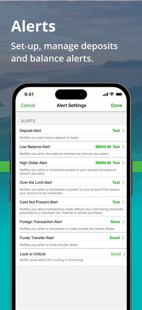 Pantalla de configuración de alertas en la aplicación Way2Go Card para administrar las notificaciones de depósitos y saldos.