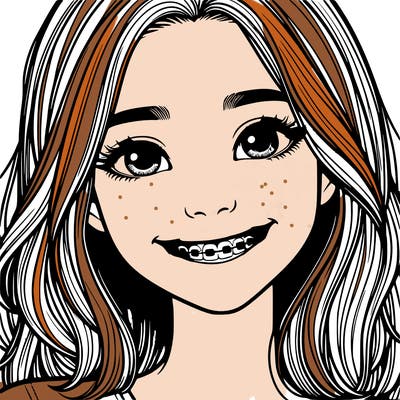 a girl with braces smiling with freckles realistic