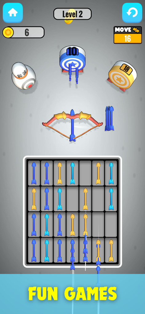 Offline Games Hub: Mini Games - Arrow puzzle game interface from the Offline Games Hub app showing a bow and grid of arrows
